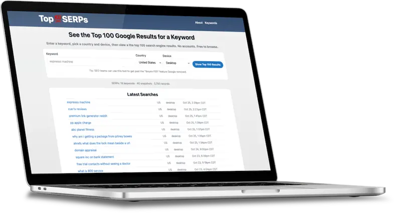 Top100SERPs.com on a laptop.