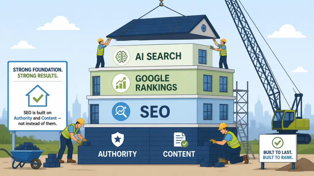 Illustration of SEO being built on a foundation of authority and high-quality content.