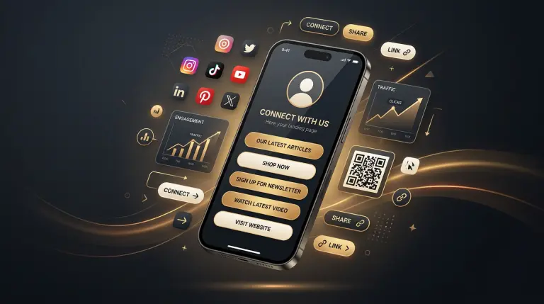 A smartphone with a link in bio page open, showing social links, analytics, and QR code tools