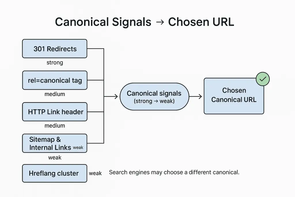 Hierarchy of canonicalization signals showing which signals Google prioritizes for SEO canonicalization Canonical signals explained in a diagram