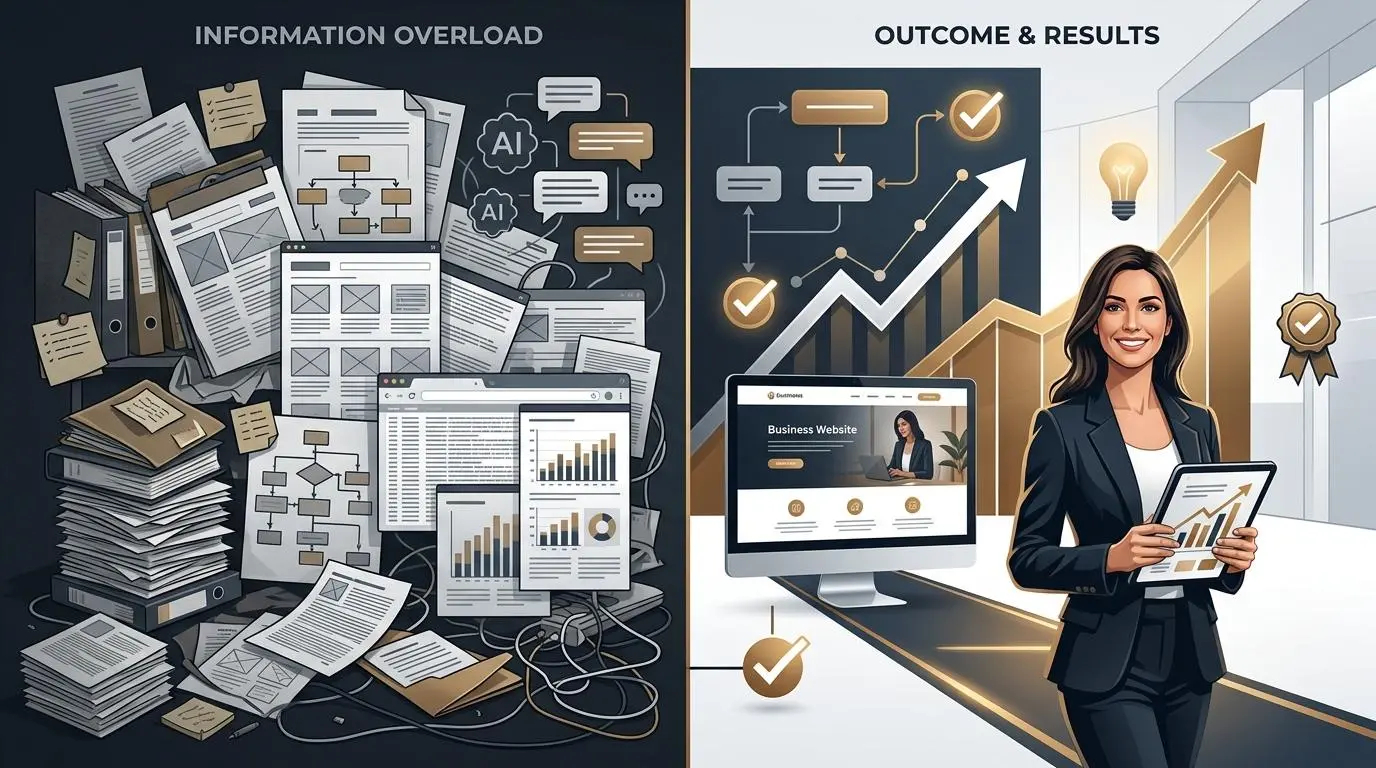 Illustration showing the shift from information overload to results-focused business value, with scattered content on one side and clear progress, systems, and outcomes on the other.