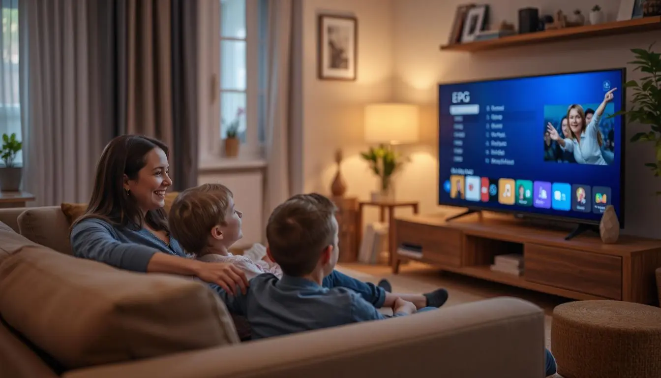 A family watching TV in the living room, sitting on the couch - the TV is on the wall