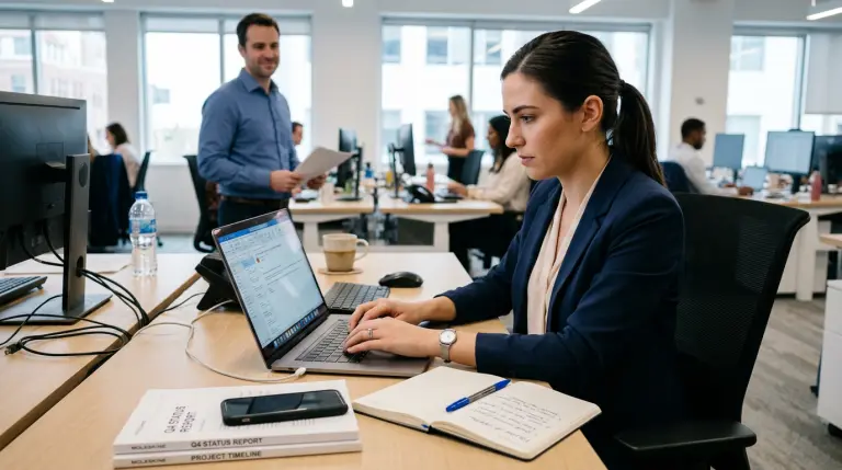 Focused employee in a modern office following up on a task and organizing meeting documents to show initiative and ownership at work.