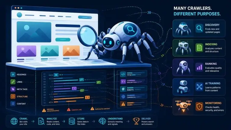 Illustration of a search-engine spider examining the raw HTML, headings, links, and metadata underneath a webpage. MANY CRAWLERS. DIFFERENT PURPOSES. DISCOVERY Finds new and updated pages INDEXING Analyzes content and structure RANKING Evaluates quality and relevance z0i0 03 04 TITLE C DDI DESCRPTIOR COGNAT AI TRAINING Learns patterns from content ROBOTS CANONICAL ARE 12 ISSUES MISSING HEADINLESOING LINKEN LINK DUPLICATE CONTENT MONITORING Checks health, security, and errors