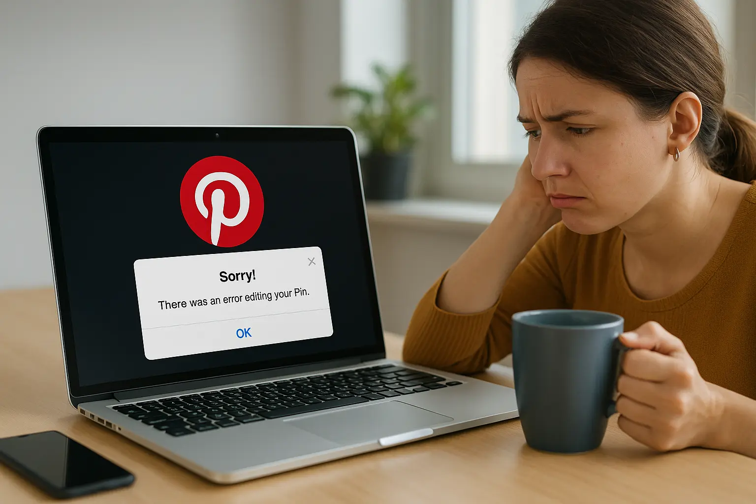 A frustrated woman sitting at a desk with a laptop open, showing the Pinterest logo on the screen. The person has their head slightly tilted in confusion while holding a coffee mug. Bright, modern workspace with natural lighting, emphasizing digital frustration but keeping a positive vibe. Include a visible browser error popup on the screen.