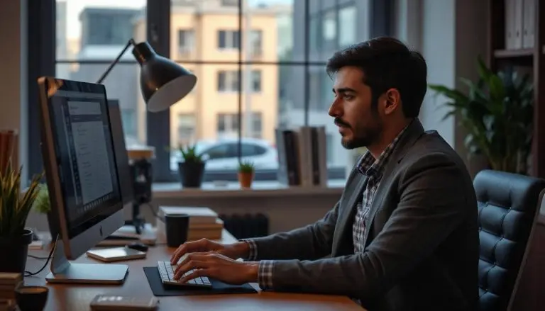 Man working on SEO at his desk in his office at a computer with stats on the screen.