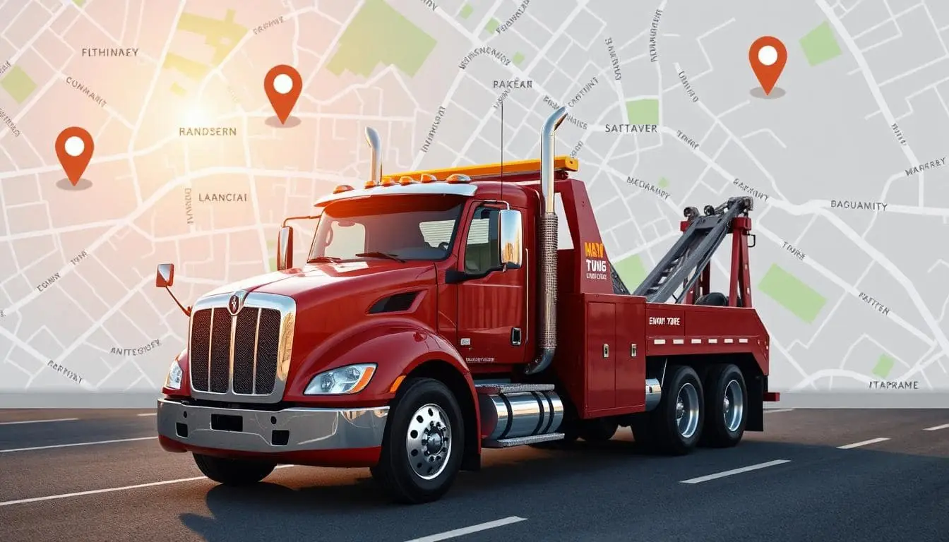 A tow truck in front of a large map with pins.