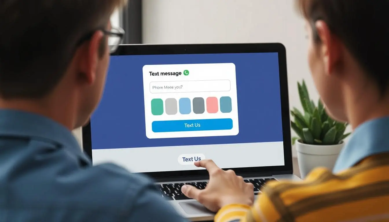 Flat-style illustration of a person creating a text message button on a website. The screen shows a form with a phone number input, message field, color options, and a live preview of a ‘Text Us’ button. Clean mobile UI, rounded edges, soft drop shadows, and a messaging icon nearby.