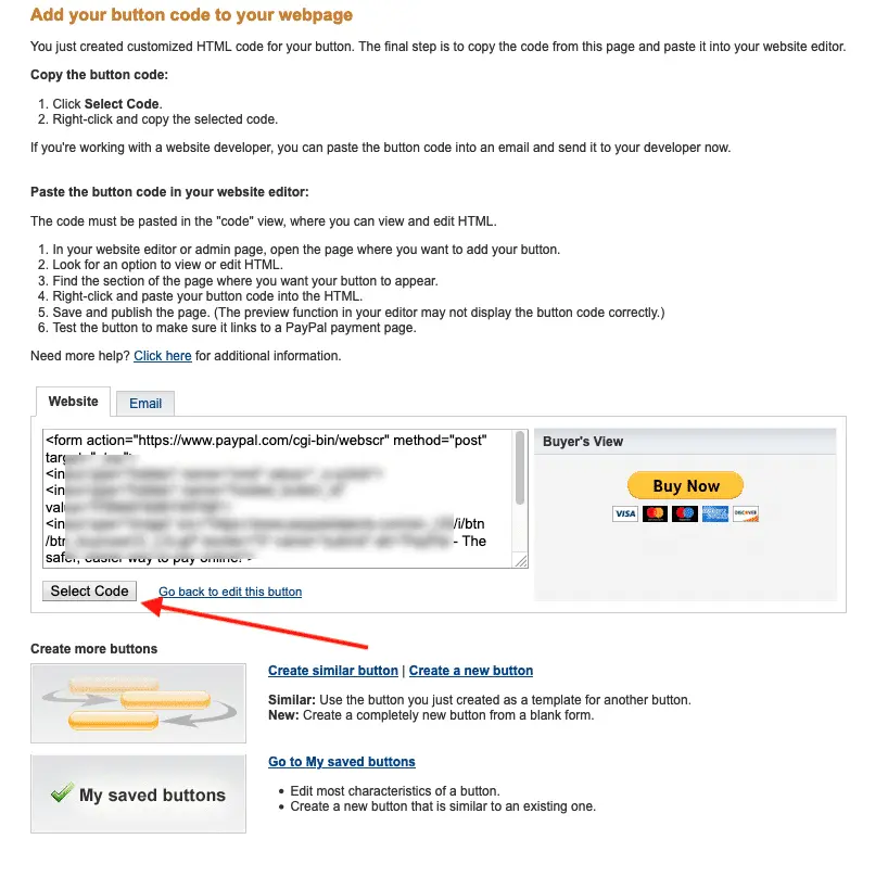 PayPal embed code page