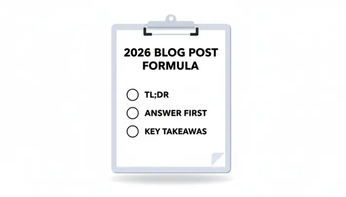 Three-step blog post formula for getting traffic in 2026: TL;DR, answer first, key takeaways.