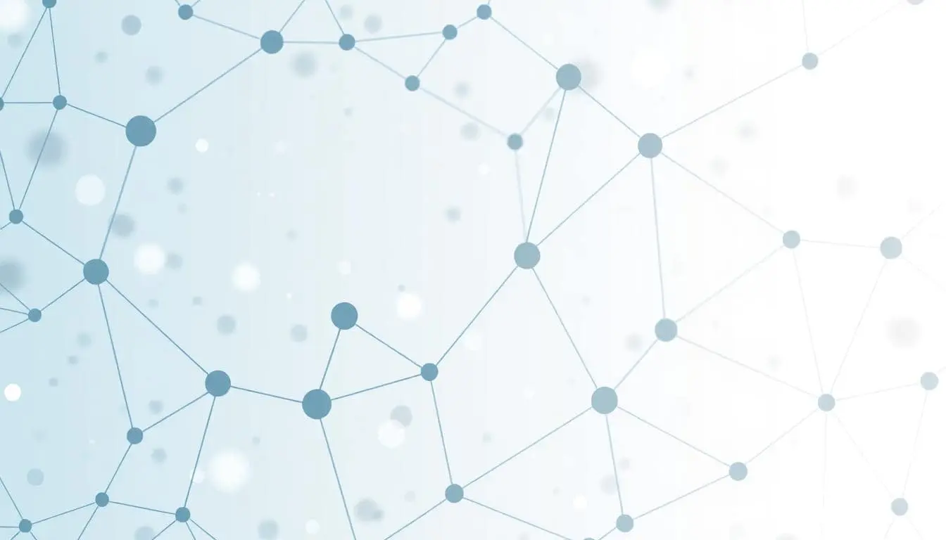 Abstract network mesh on a white-to-very-light-blue gradient, scattered small circles connected by thin curved lines