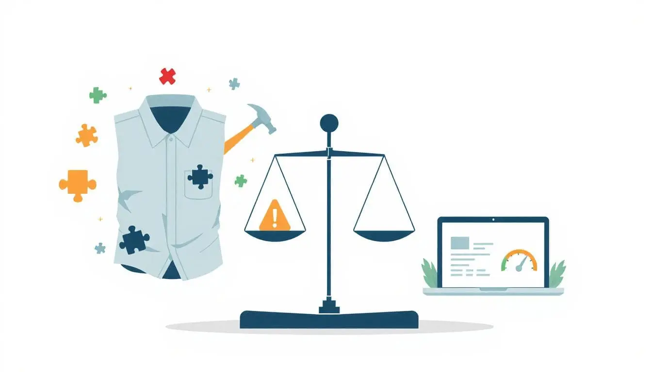 Side-by-side illustration comparing ‘cheap’ vs. ‘quality’—wrinkled shirt and bent hammer vs. crisp shirt and sturdy hammer, plus slow vs. fast website cues—to show that low price increases risk and long-term cost.