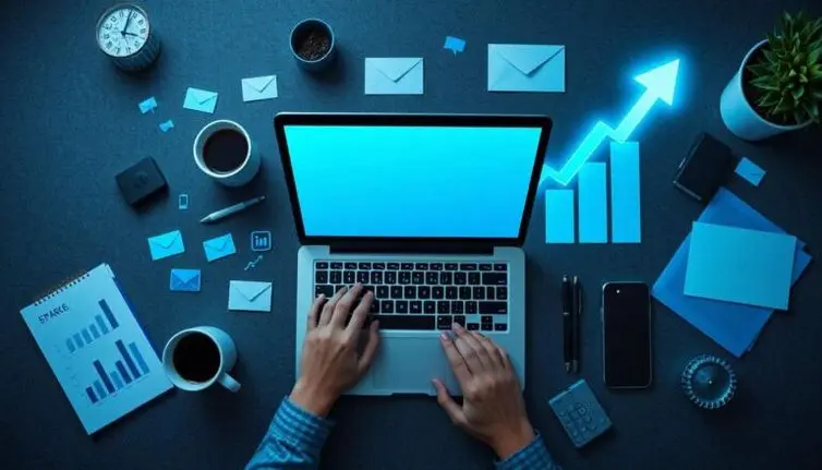 Modern flat lay of a digital workspace with a laptop, email icons, marketing charts, and glowing arrows showing upward growth; sleek, professional, minimalist style with bold colors like blue and green to suggest success and tech. Overhead angle, bright lighting, clean design.