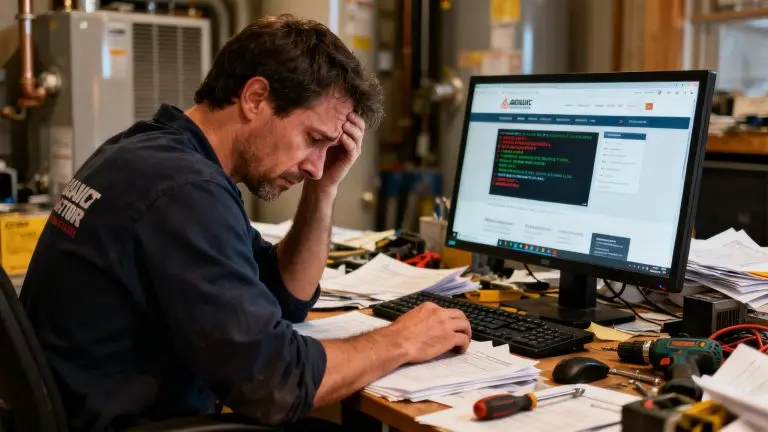 An HVAC company owner sitting at a cluttered desk, looking distraught while attempting to work on his website, warm indoor lighting casting soft shadows, papers and tools scattered around, computer screen displaying error messages, focused expression reflecting frustration, clean but chaotic environment emphasizing the struggle, shallow depth of field to highlight the owner and his work, rich color tones conveying a sense of urgency and concern.