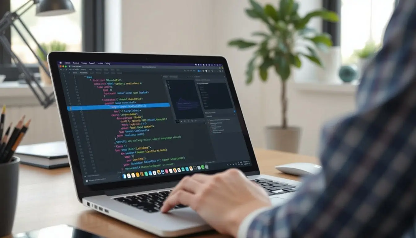 A web developer editing HTML code on a modern laptop. The screen shows an email link being written using mailto: format. There’s a second window open showing a styled preview of the link. The setting is bright and tech-focused, with minimal clutter and a focus on productivity.