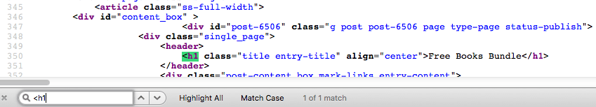 Search for a heading 1 tag in HTML source code