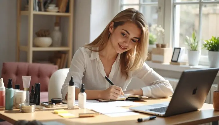 A creative woman in her 30s sitting at a bright, stylish desk with beauty products and cosmetics laid out around her. She’s sketching or writing ideas in a notebook, with a laptop open and sticky notes nearby. Natural light from a window, cozy and productive vibe. The scene suggests she’s planning a niche website around beauty or skincare.