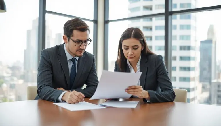 A businessman and businesswoman looking over a contract at a conference table.