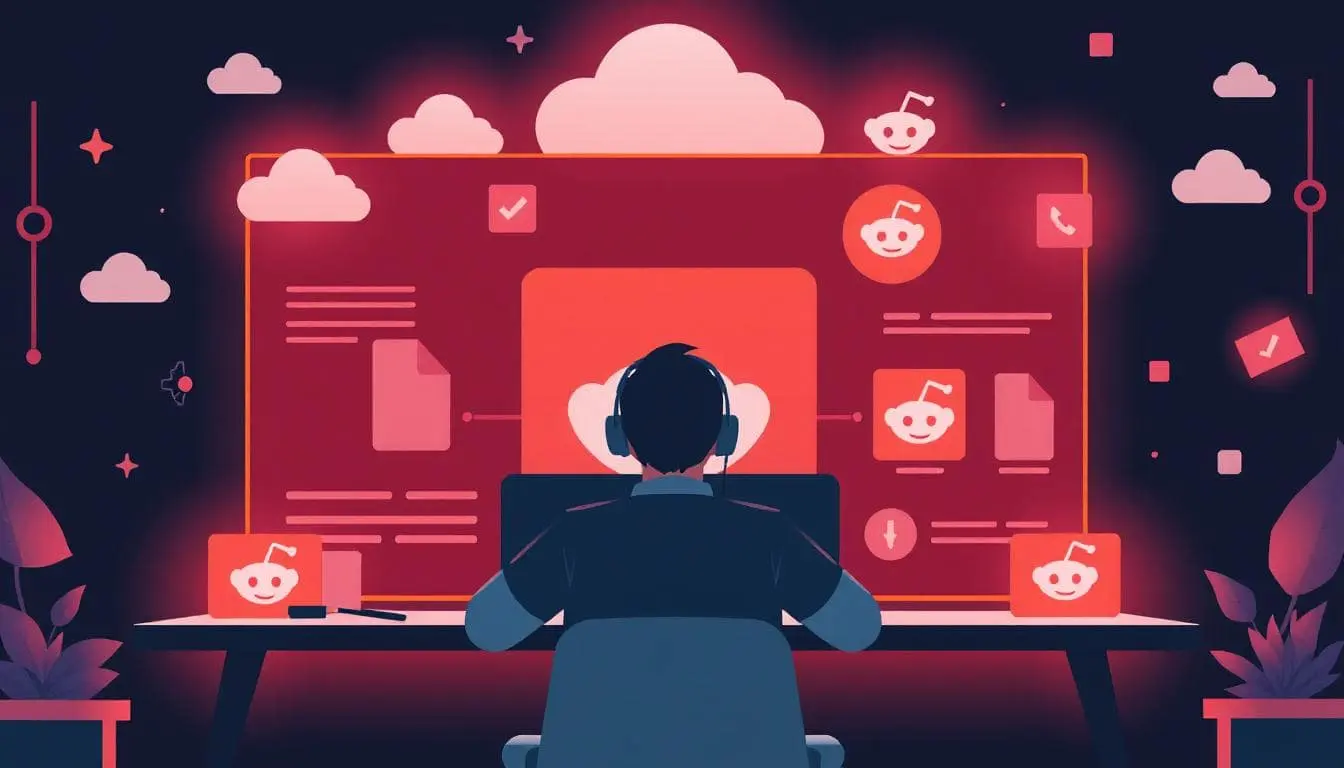 Someone downloading files from multiple sources through a futuristic interface, with Reddit icons and cloud storage graphics.