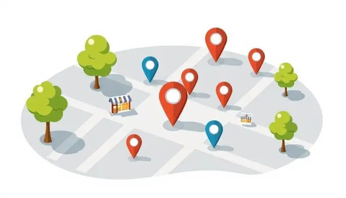 An illustration of a near me search with map points popping up.