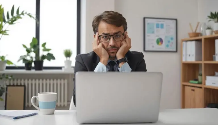 A frustrated professional at a desk, rolling their eyes while reading a poorly written cold email