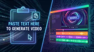 A visual representation of pasting two lines of text and generating a video, digital art style, split-screen layout.
