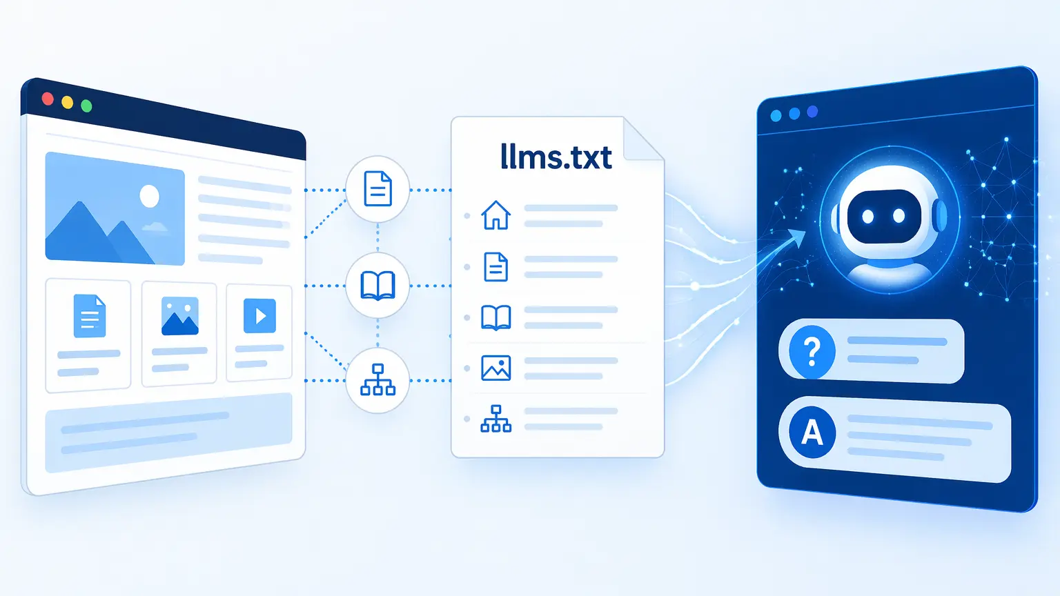 Illustration of an llms.txt file connecting a website with an AI assistant and directing it to important website content.