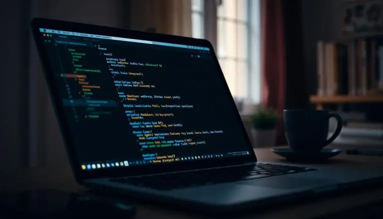 A laptop on a desk with HTML code on the screen. Coffee cup near by.