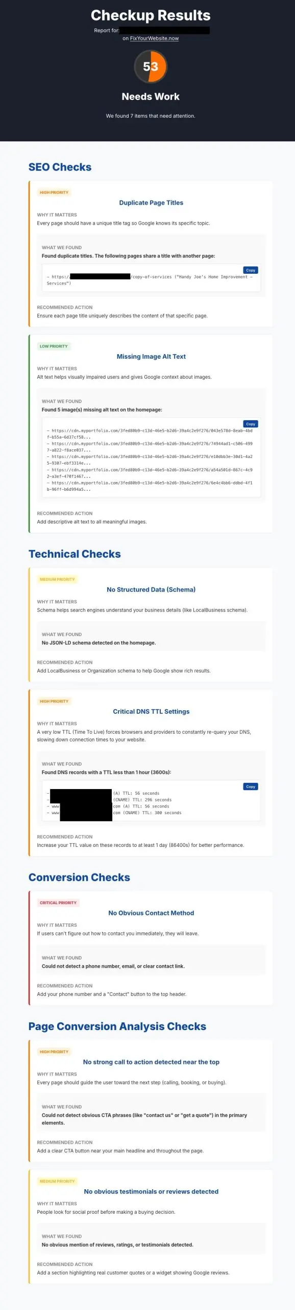 Example report from the Free Website Checkup at FixYourWebsite.now