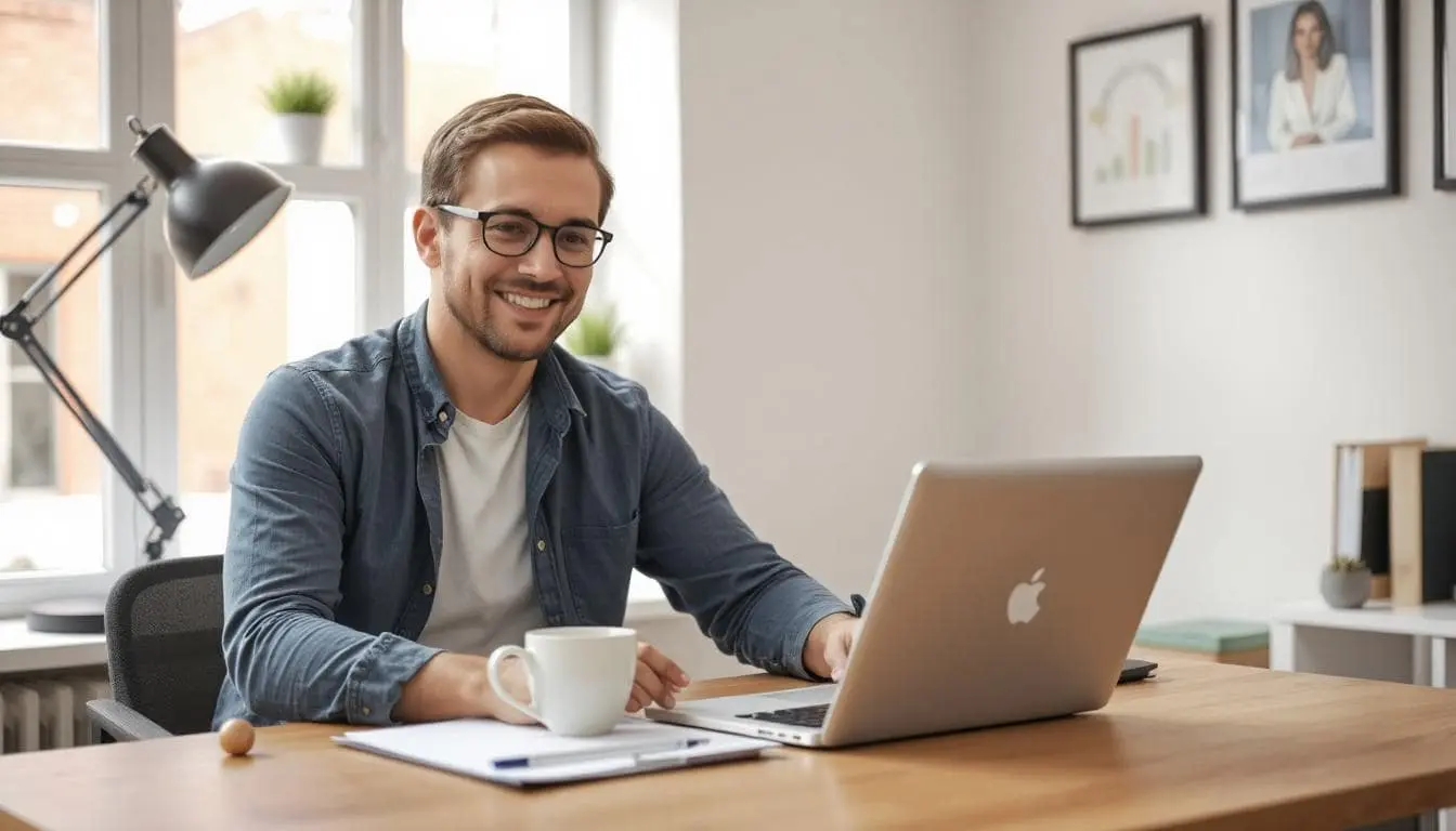 A happy man using laptop