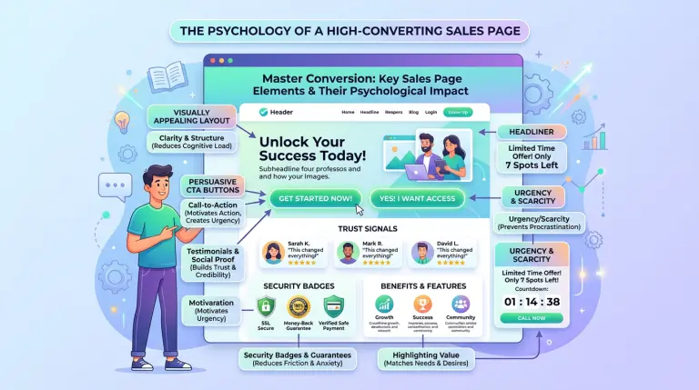 An engaging illustration depicting website conversion and the psychology behind an effective sales page, featuring key elements such as a visually appealing layout.