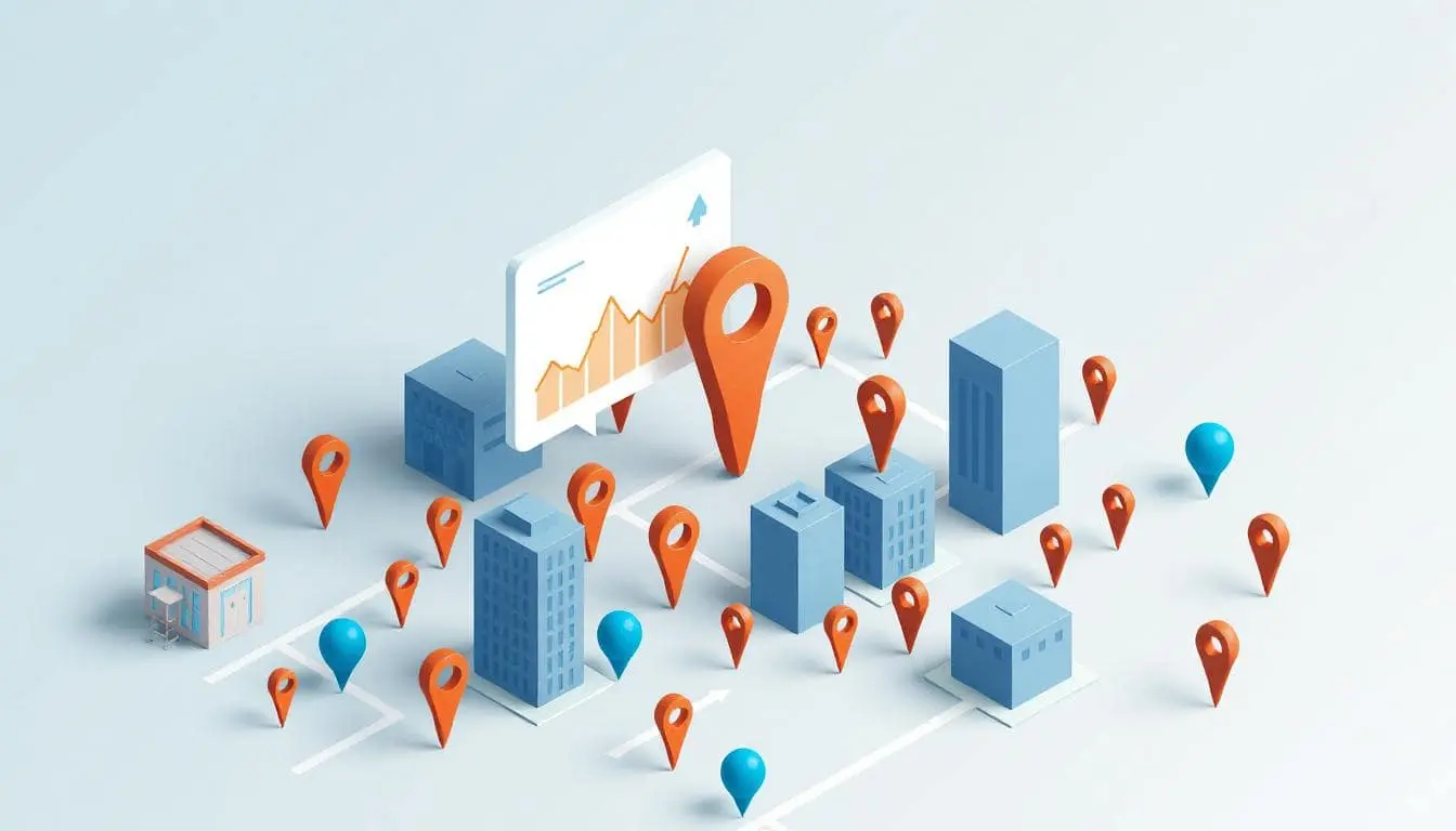 Isometric vector illustration. A neat city grid at 3/4 view with a handful of buildings and map pins. Thin connection lines between pins imply backlinks. A floating “rank tracking” card shows a simple line chart rising and a small SERP-style list with arrows up/down (abstract icons only, no real text). Soft gradients, light background, restrained palette (cool blues with a small orange accent). Clean, modern, minimal, editorial feel. Leave open space on the left for title. 16:9, printable detail, no watermarks, no brand marks.