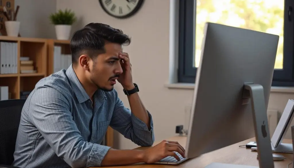 A man at his computer in an office, upset because of something that happened.