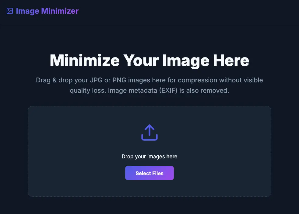 ImageMinimizer.com website screen shot showing a place to upload (drag and drop) and image.