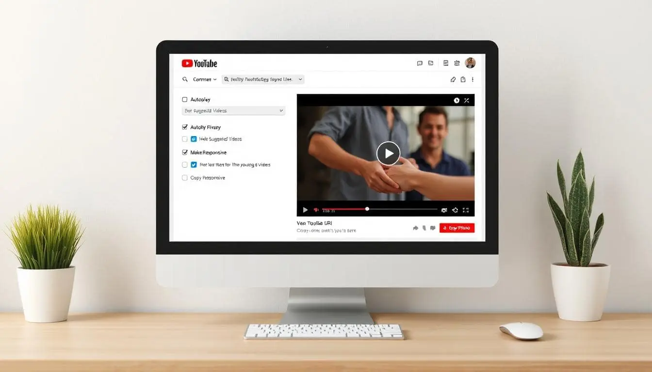 A clean website UI with a user pasting a YouTube URL into a form, checking boxes for autoplay and privacy settings, and seeing a live preview of the video below. Include labels like “Hide Suggested Videos” and “Make Responsive.” Modern, light interface with a clipboard icon next to a “Copy Embed Code” button.
