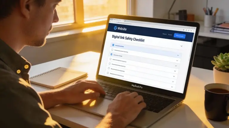 Website owner at a desk reviewing a link safety checklist on a laptop, warm natural lighting, modern clean workspace, candid angle, realistic photo style.