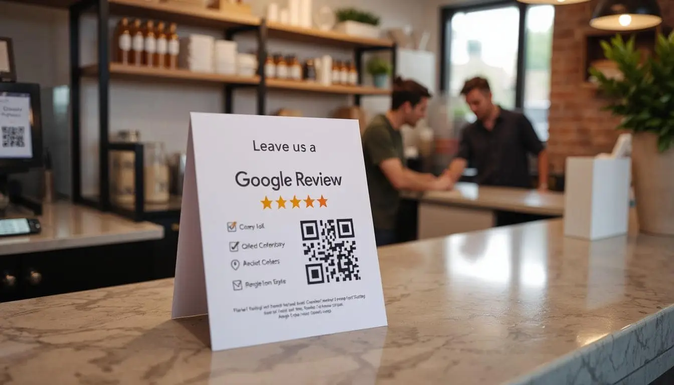 A sign on a counter that says to leave a Google review.