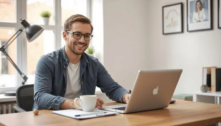 A happy man using laptop