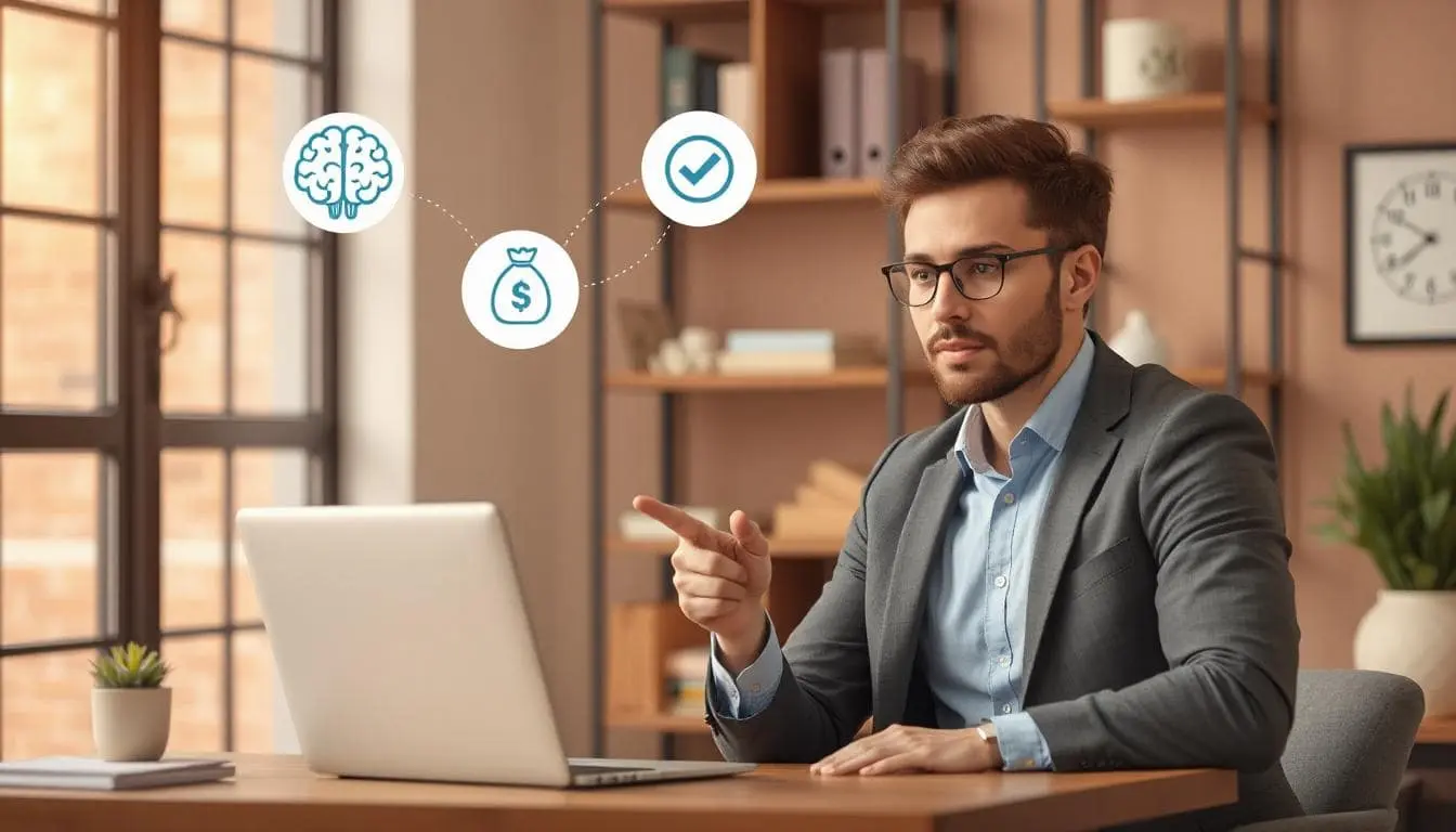 A digital marketer pointing at a laptop screen with three icons floating above it: a brain (logic), a money bag (value), and a check mark (action).