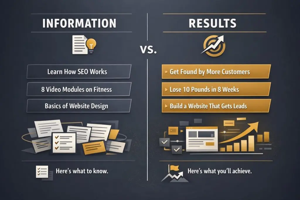 Infographic comparing information vs. results, showing that people are less likely to buy raw information and more likely to pay for clear outcomes like more customers, weight loss, and better-performing websites.