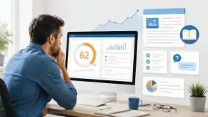 Website owner reviewing a lower SEO score alongside symbols representing helpful content, FAQs, and improving search performance