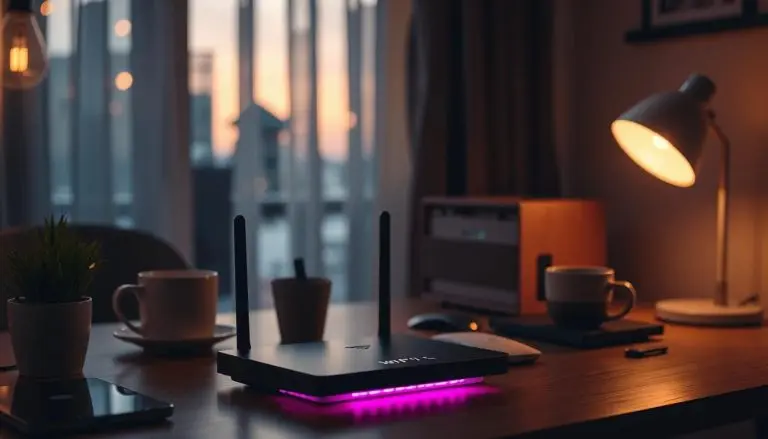 A wifi router on a desk with other devices.