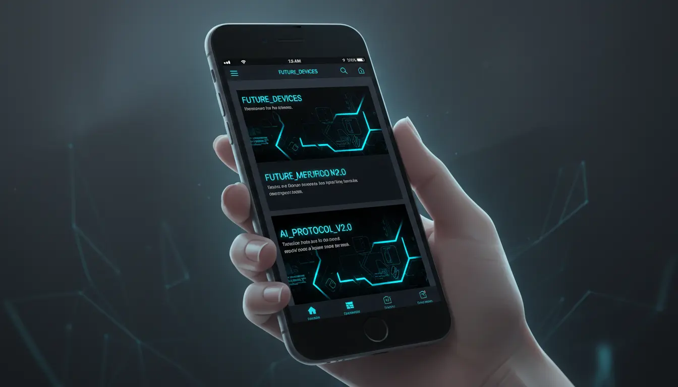 A close-up of a hand holding a modern iPhone, showing a dark, sleek website on the screen with crisp edges that blend into the phone’s dark UI, no white bars, subtle glow around the device, minimal background, high contrast, professional tech blog illustration