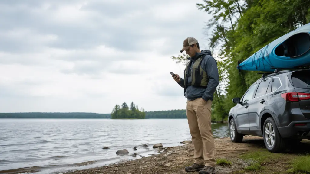 Man checking a weather forecast near a Wisconsin lake before deciding whether conditions are good for kayaking.