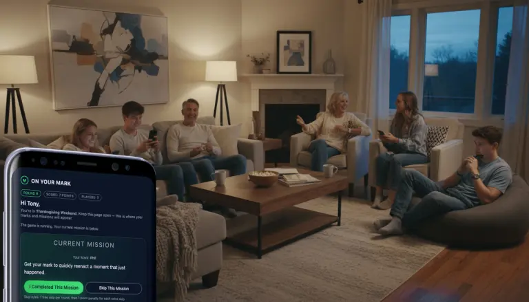 Family relaxing in a living room, some looking at a party game on their phones while others talk and laugh.