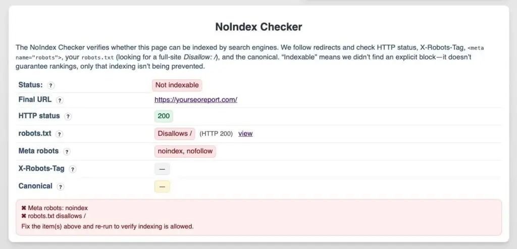 An example of a website that is set to "noindex" and should not be indexed by search engines - using the NoIndexChecker.com tool.