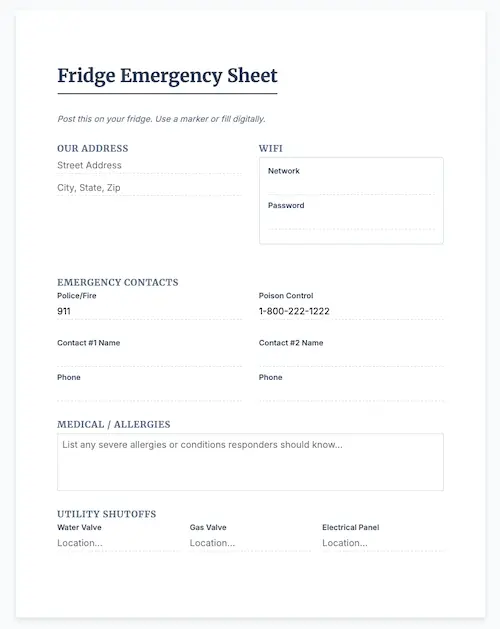 Fridge Emergency Sheet sample.