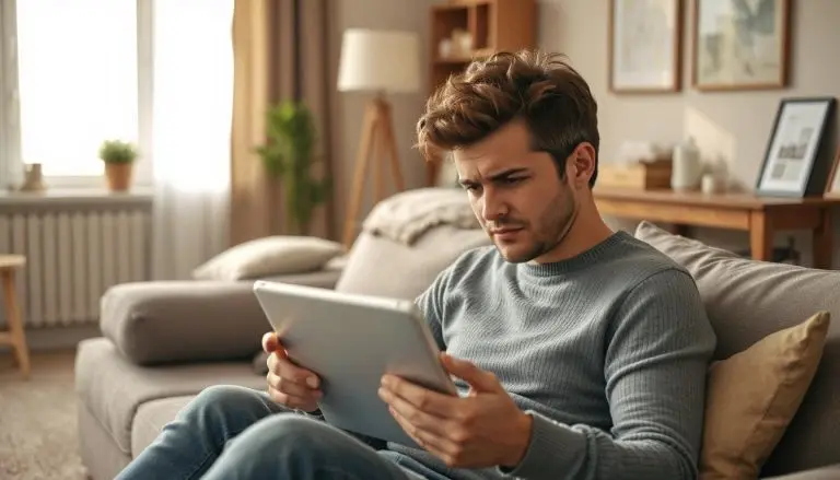 A confused man looking at a website on a tablet while sitting in the living room of his house.