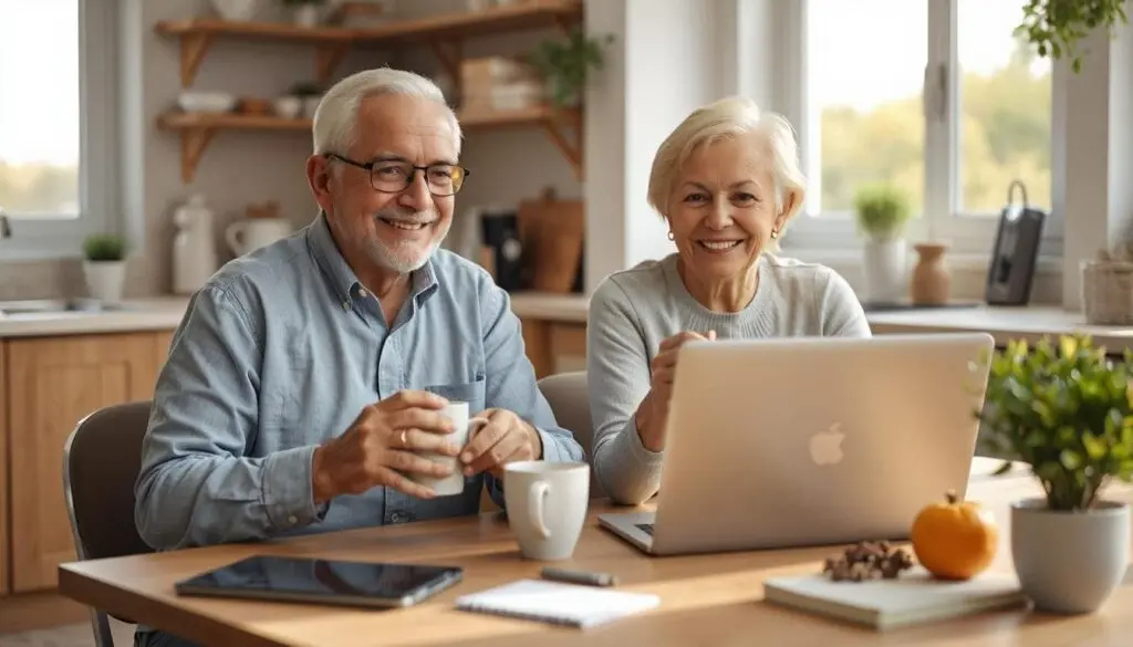 A happy older couple working on their bills and computer