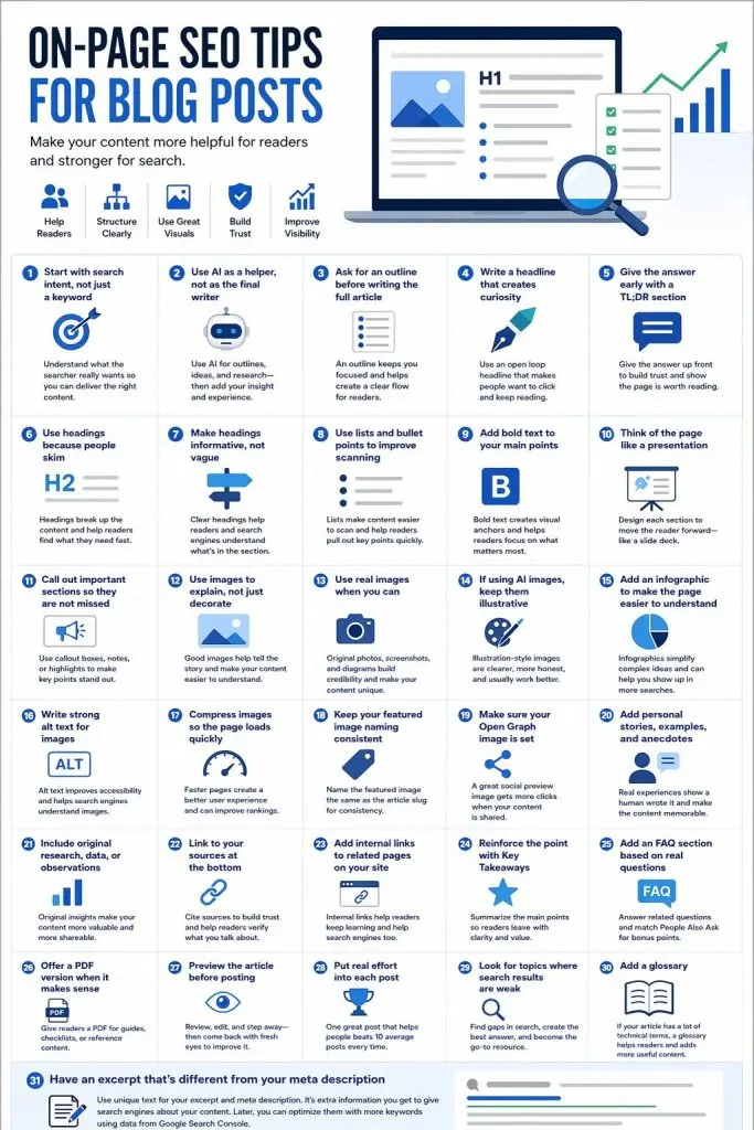 Infographic showing on-page SEO tips for blog posts, including content structure, headings, images, alt text, FAQs, glossary, excerpts, and other practical steps to make articles more helpful and easier to rank.